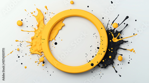 Abstract design with a yellow ring and black and yellow paint splashes on a white background, creating a dynamic and modern composition.
