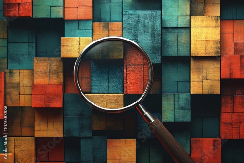 Flatview of a 3D rendering of a magnifying glass with a colored wooden blocks background photo