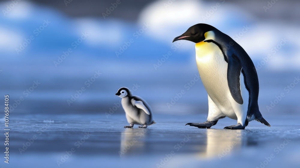 Fototapeta premium A penguin chick following its parent across the ice