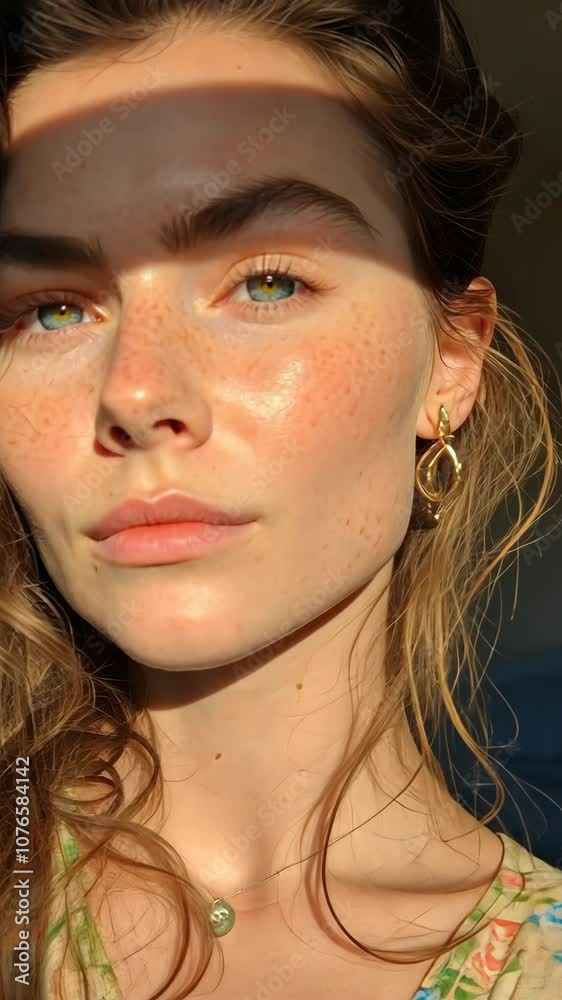 A woman with freckles and blue eyes looks directly at the camera, bathed in golden sunlight A woman with freckles and blue eyes looks directly at the camera, bathed in golden sunlight