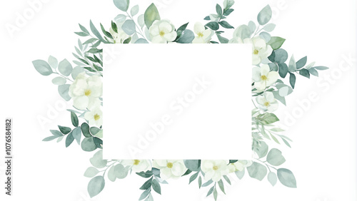 Wallpaper Mural Watercolor floral frame with white flowers and eucalyptus branches on white background Torontodigital.ca