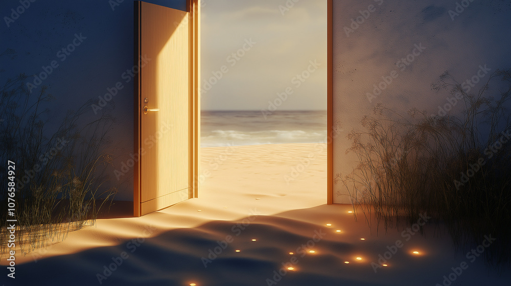 Fototapeta premium door to heaven, door to the sea, open door, dreamy background