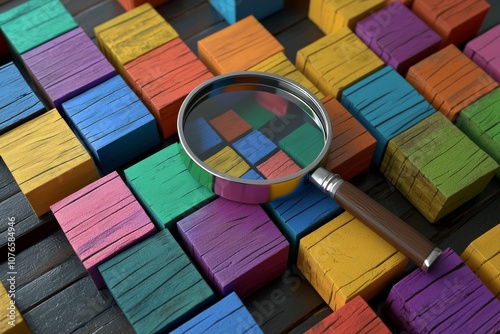 Flatview of a 3D rendering of a magnifying glass with a colored wooden blocks background photo