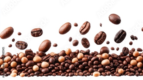 A variety of coffee beans displayed, highlighting their different shapes and colors.