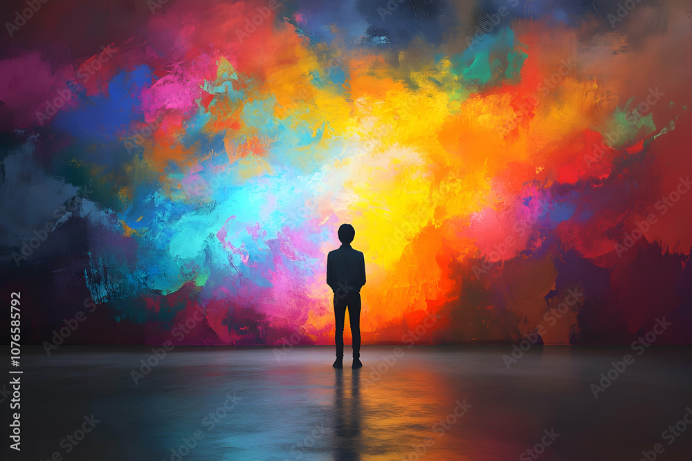 Person standing in front of a canvas filling up with vibrant colors, symbolizing creative inspiration's return Person standing in front of a canvas filling up with vibrant colors, symbolizing creative inspiration's return