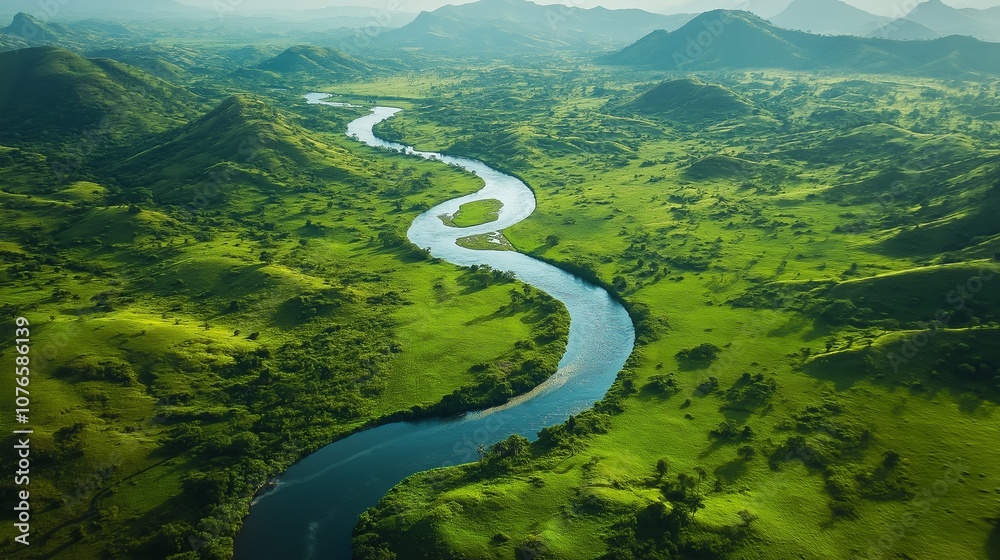 Aerial View of Winding River Through Lush Green Valley Aerial View of Winding River Through Lush Green Valley