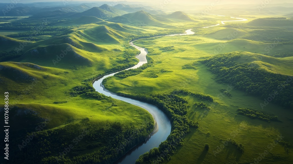 Aerial View of River Winding Through Green Hills and Forests Aerial View of River Winding Through Green Hills and Forests