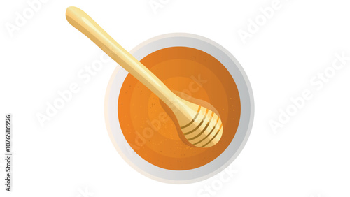 Honey in porcelain bowl. Honey with wooden dipper. vector. Top view. 