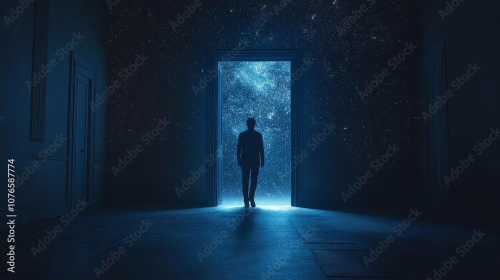 Man Walking Through Doorway to Starry Sky Man Walking Through Doorway to Starry Sky