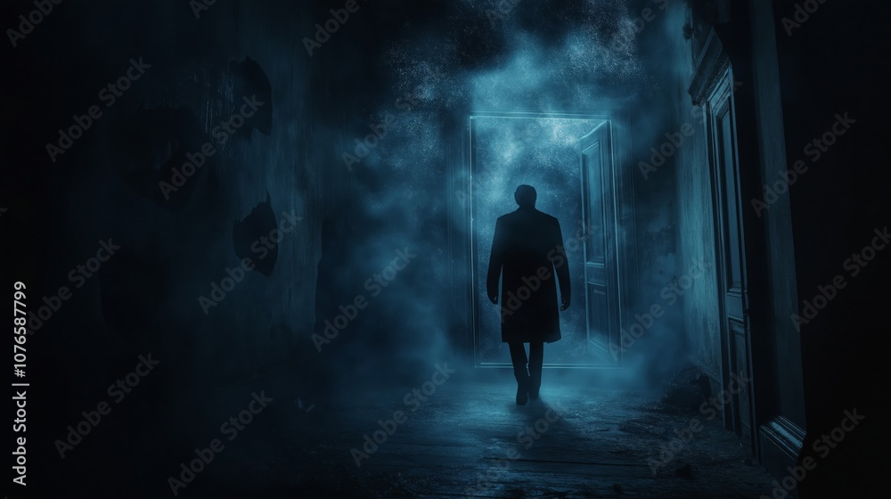 Mysterious Figure Walking Through Doorway to the Unknown Mysterious Figure Walking Through Doorway to the Unknown