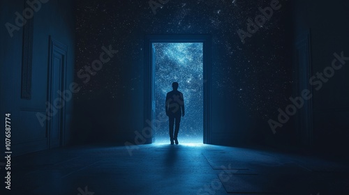 Man Walking Through Doorway to Starry Sky