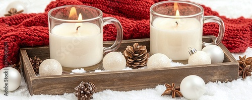 Cozy winter and mock up candles with pinecones and ornaments on a wooden tray, surrounded by soft red fabric, evoke a warm, festive atmosphere perfect for winter celebrations.