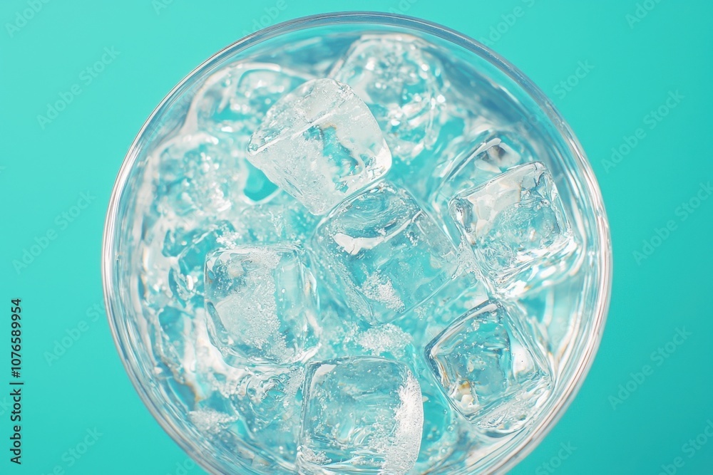 A glass filled with ice cubes and water against a turquoise background.