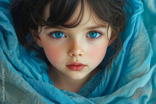 A little girl with blue eyes peeking out from under a blue blanket photo