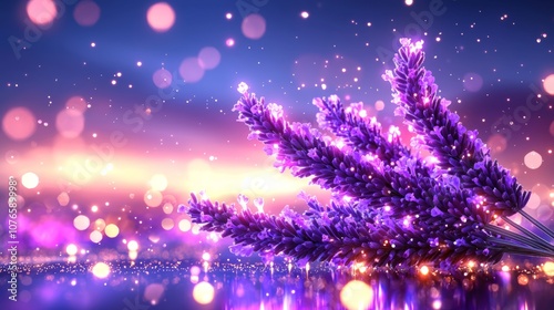 A serene lavender scene with soft purple flowers and sparkling bokeh lights set against a dreamy twilight background.