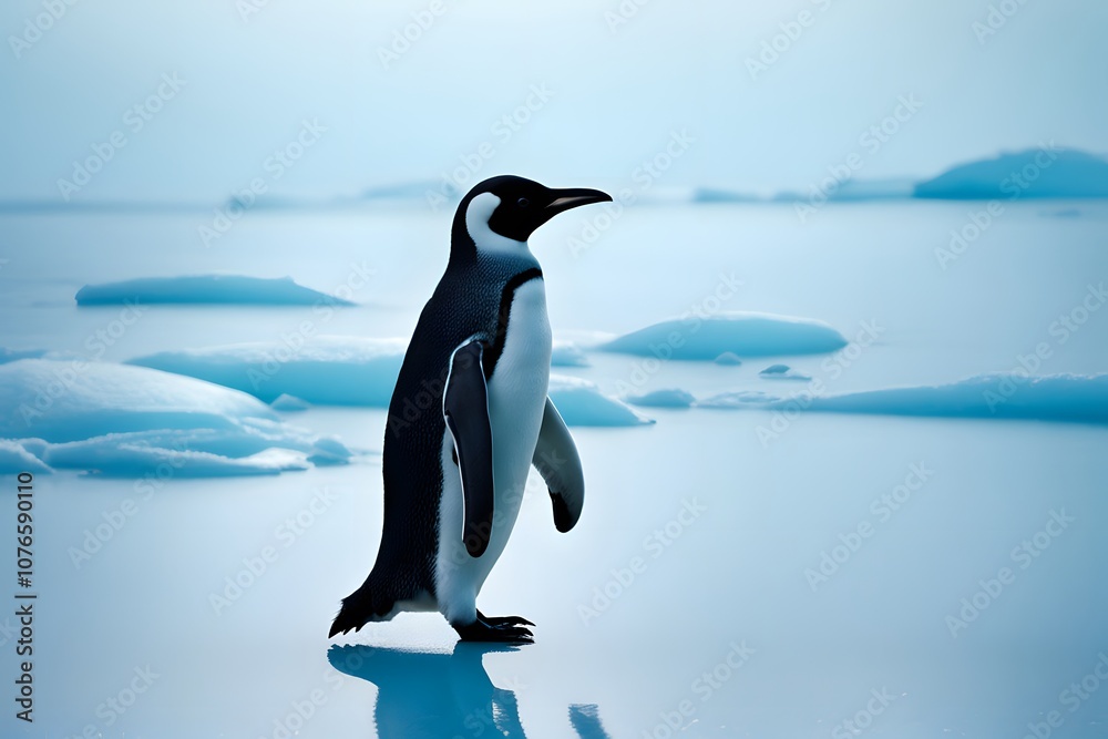 Fototapeta premium Penguin on an icy landscape with a cool toned background of blue aqua and icy white, Ai Generated