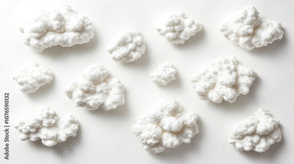A collection of fluffy, white cloud-like shapes arranged artistically on a light surface. A collection of fluffy, white cloud-like shapes arranged artistically on a light surface.