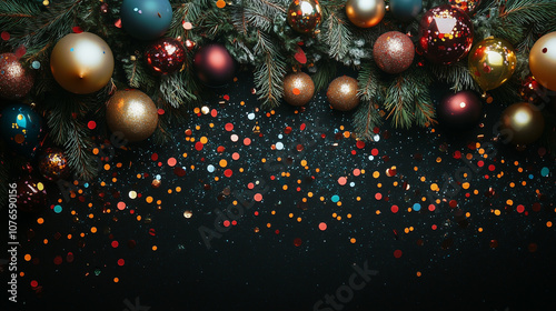 spruce branch decorated with ballons and confetty on dark background photo