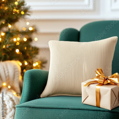 A cozy holiday scene featuring a green chair adorned with a textured pillow and a beautifully wrapped gift next to a decorated Christmas tree cozy winter and mock up concept.