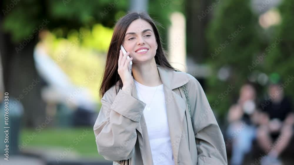 A stylish young woman enjoys a cheerful walk, chatting on her smartphone in a vibrant outdoor setting A stylish young woman enjoys a cheerful walk, chatting on her smartphone in a vibrant outdoor setting