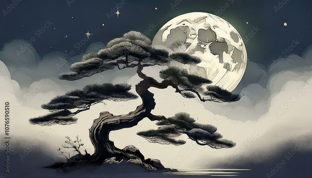Naklejka premium Oriental painting of pine trees and a full moon on a quiet night