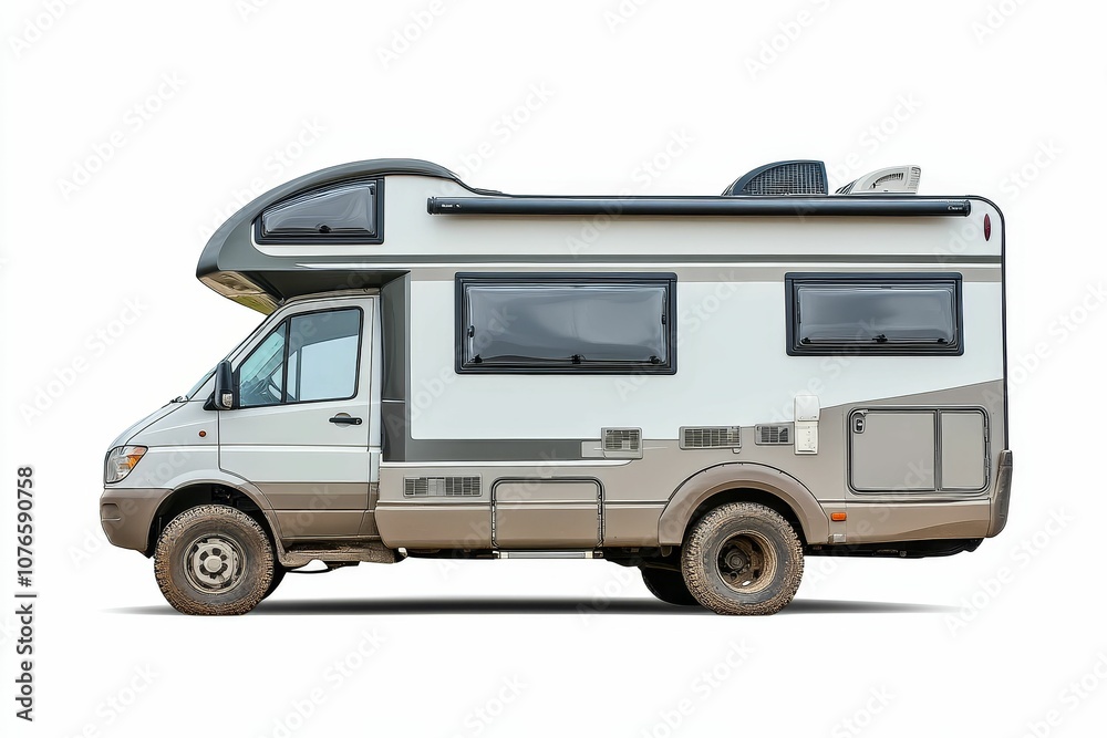 White and brown camper van on white background. White and brown camper van on white background.