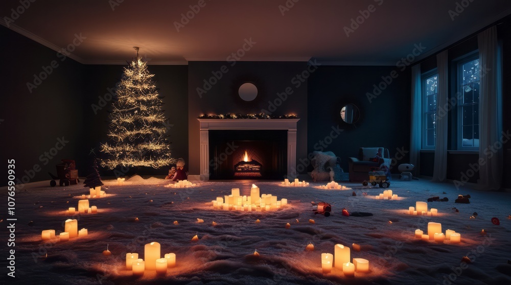 Living room decorated with a lit Christmas tree, a warm fireplace, and numerous candles. The soft glow creates a tranquil, cozy atmosphere perfect for quiet holiday nights and warm family moments. 