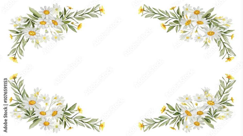Obraz premium Flower frame with white daisies and green leaves isolated on white background