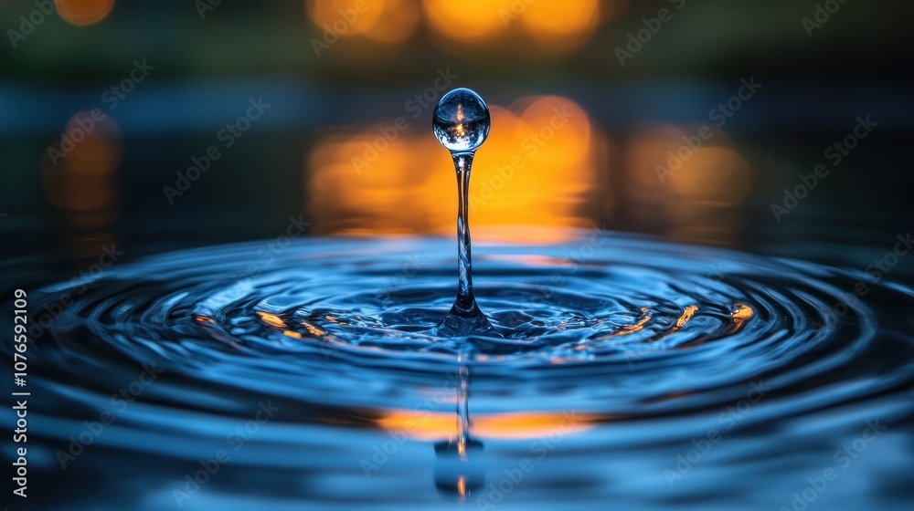 A close-up of a water droplet creating ripples in a serene setting. A close-up of a water droplet creating ripples in a serene setting.