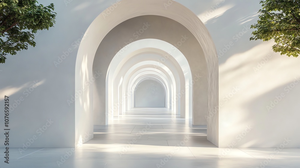 Fototapeta premium A white hallway with arched doorways.
