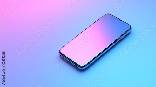 A black smartphone with a rainbow gradient screen on a pink and blue background.