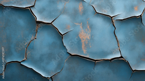 Close-up view of cracked and weathered blue painted surface displaying significant texture and color variation with rusty accents.