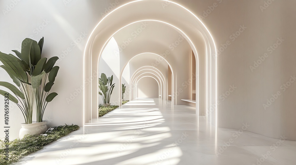 Fototapeta premium An empty hallway with arched doorways and a green plant on the left.