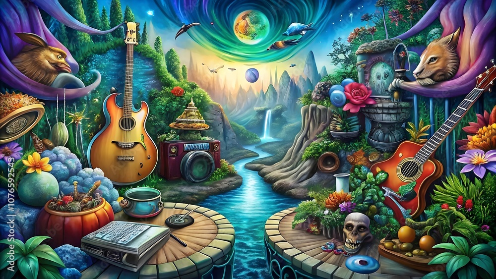 Naklejka premium Enchanted Landscape with Musical Instruments Nature Surrealism Fantasy Art