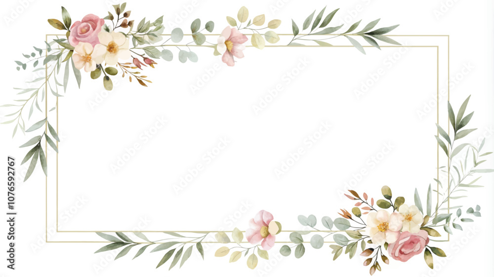 Fototapeta premium Watercolor floral frame. Hand painted flowers and leaves isolated on white background.