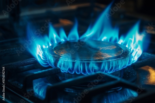 Blue flames burning on gas stove burner, close up of kitchen appliance