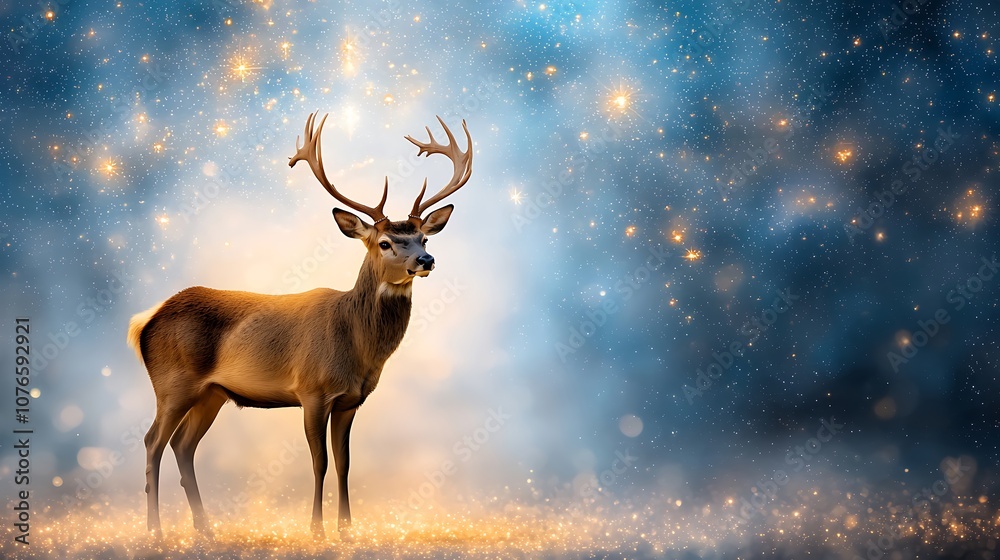 A majestic deer silhouette stands out against a backdrop of a beautifully layered blue night sky filled with twinkling stars, creating a serene and enchanting scene.