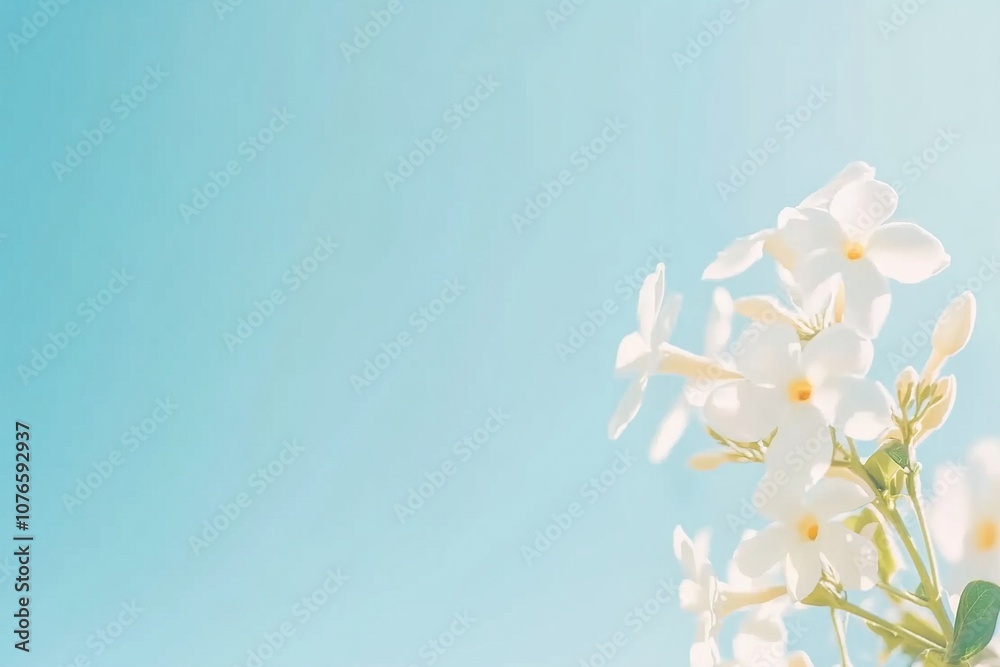 Photo of delicate white spring flowers against the blue sky, background for design, printing, banners Photo of delicate white spring flowers against the blue sky, background for design, printing, banners