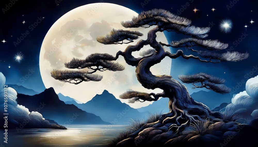 Oriental painting of pine trees and a full moon on a quiet night Oriental painting of pine trees and a full moon on a quiet night