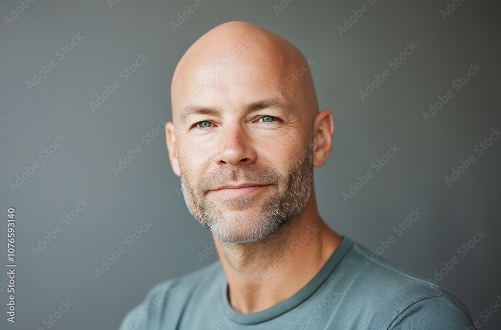 Confident smiling bald man with grey beard posing on grey background Confident smiling bald man with grey beard posing on grey background