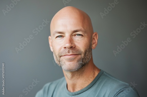 Confident smiling bald man with grey beard posing on grey background
