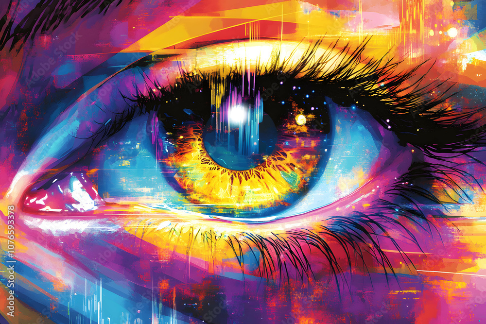 Illustration of a close-up eye reflecting light beams, symbolizing inspiration and breakthrough Illustration of a close-up eye reflecting light beams, symbolizing inspiration and breakthrough