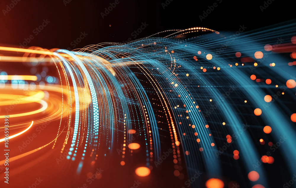 a dynamic, abstract digital display with vibrant orange and blue hues, suggesting a digital or technological theme.