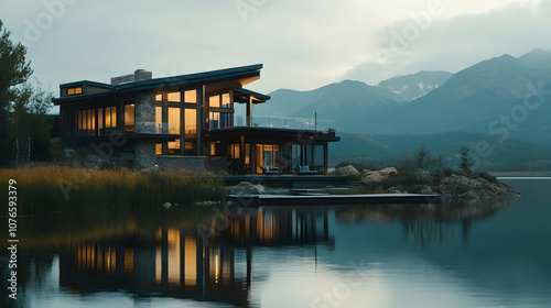 Luxury Montana lake house with panoramic mountain views at sunset, rustic modern estate on Flathead Lake