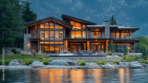 Luxury Montana lake house with panoramic mountain views at sunset, rustic modern estate on Flathead Lake