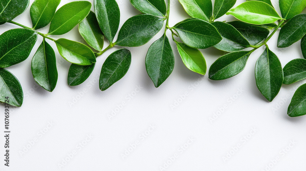 Naklejka premium Fresh green leaves arranged on white background, showcasing their vibrant color and texture, perfect for nature themed designs or eco friendly concepts