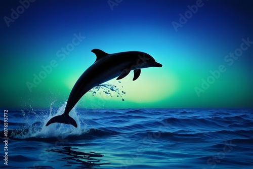 Silhouette of a dolphin leaping out of water with a vibrant neon ocean background, Ai generated