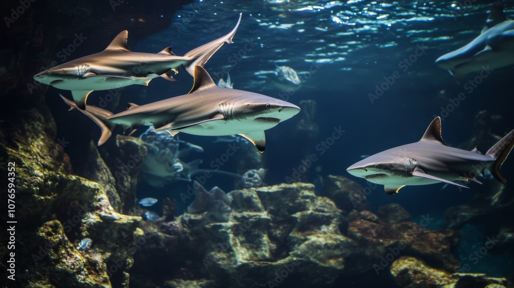 Fototapeta premium Group of sharks swimming together in deep waters