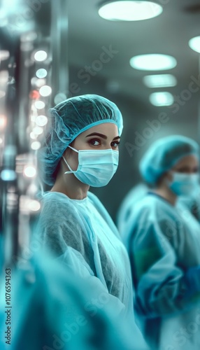 Focused Female Surgeon in Sterile Gown and Mask Prepares for Surgery in Modern Operating Room