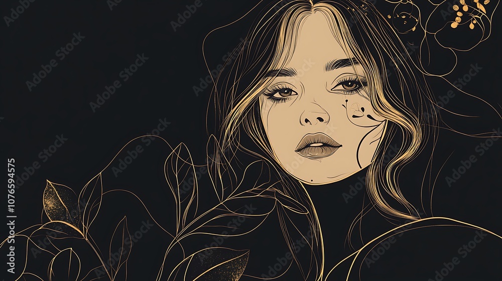 Golden Outline Portrait of a Woman with Flowers in her Hair Golden Outline Portrait of a Woman with Flowers in her Hair